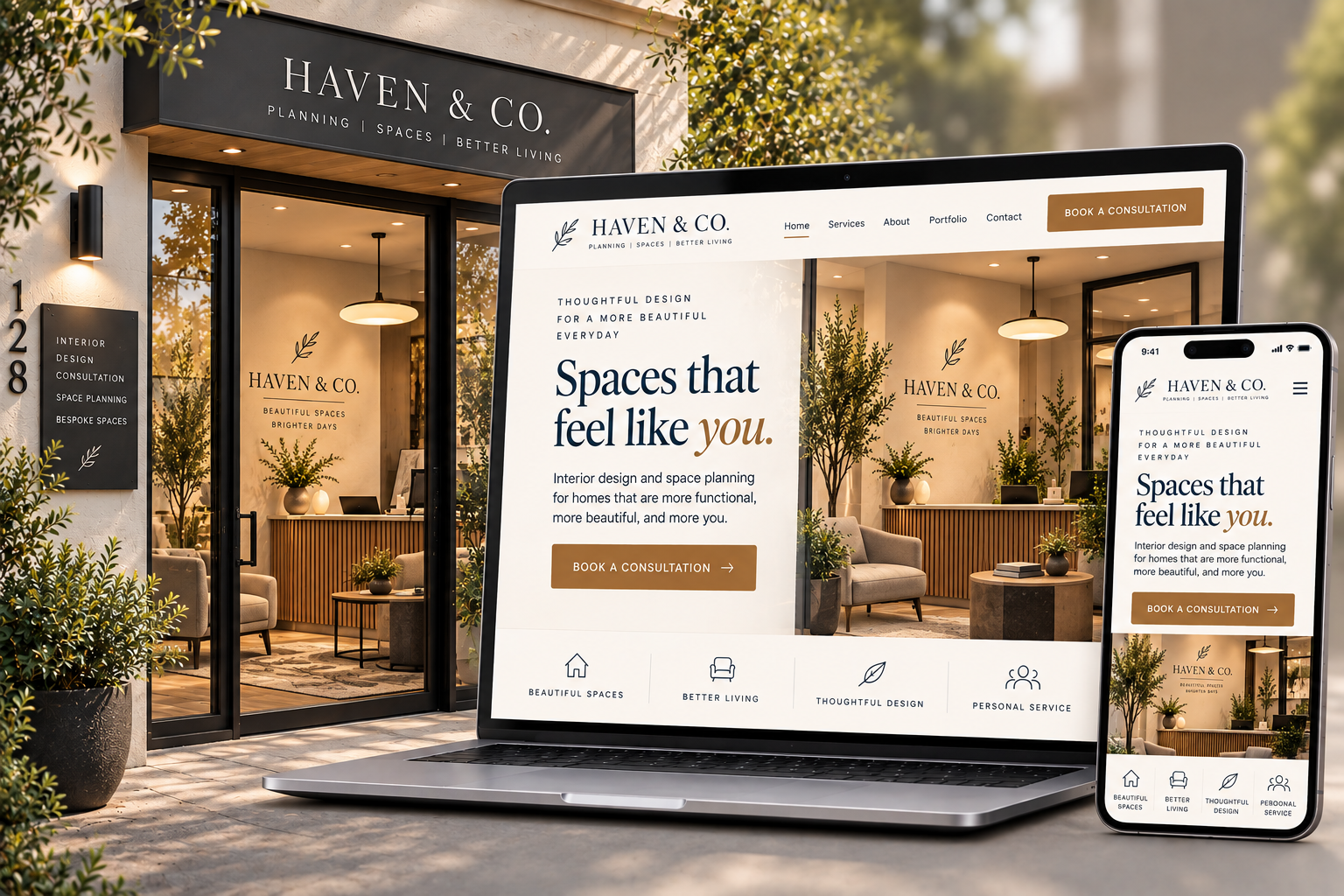 A laptop and phone displaying a modern, redesigned website for a boutique interior design storefront, shown in front of the storefront it represents